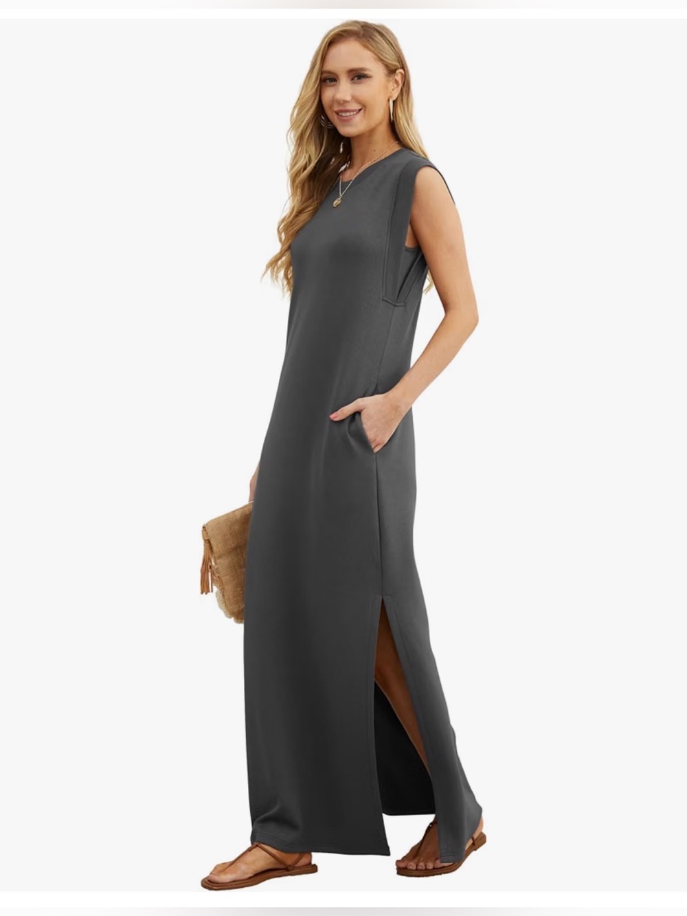 Sleeveless Charcoal Gray Maxi Dress with Side Slit and Pockets